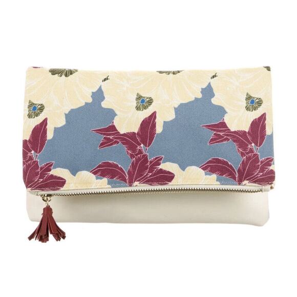 Rachel Pally Fold Over Clutch Purse Handbag White Leather Red Blue Floral Tassel - Picture 1 of 7